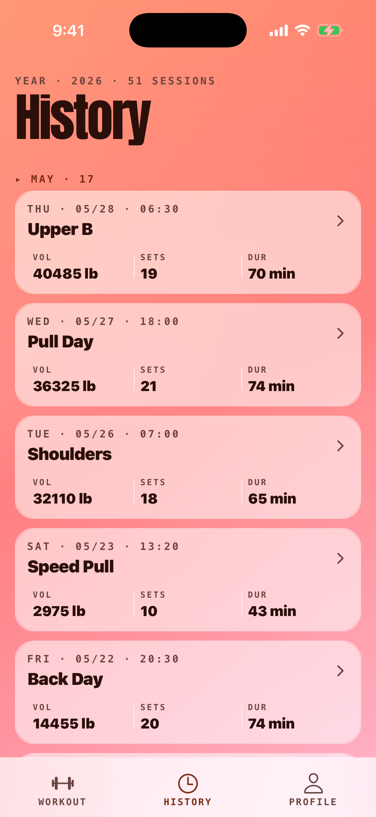 BarPath workout history list