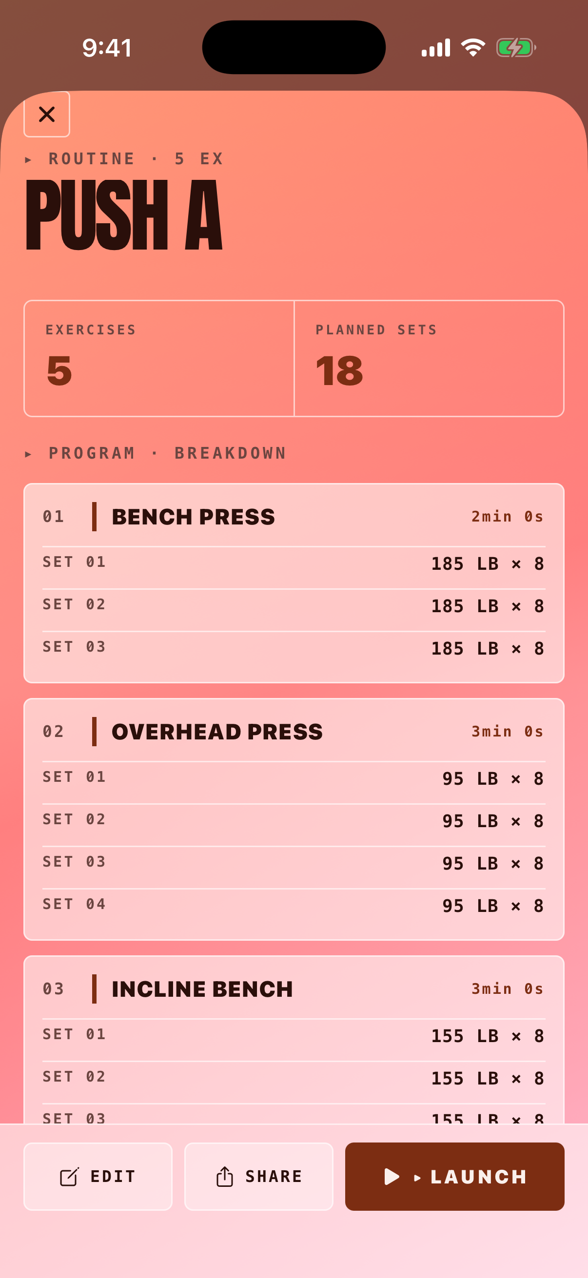 BarPath routine preview with exercises and rest