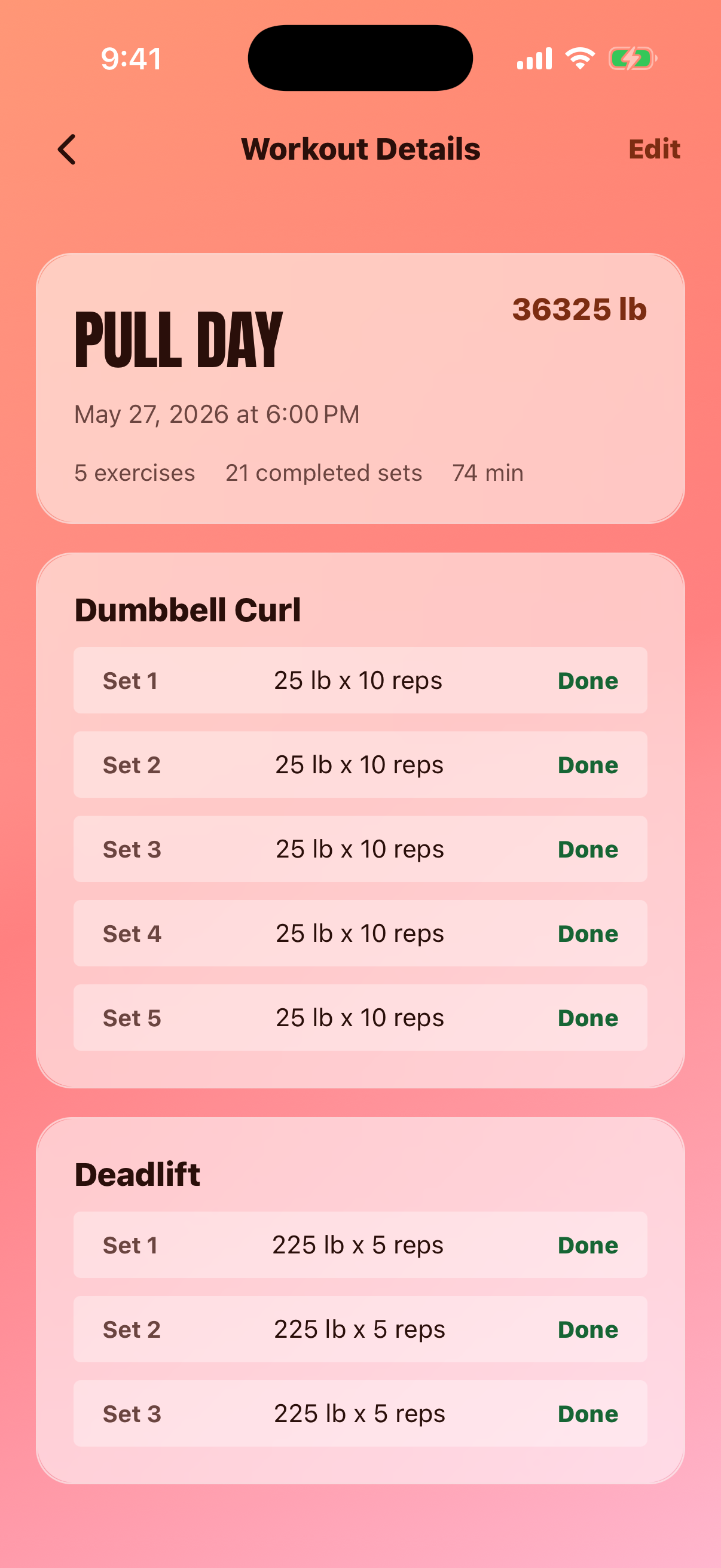 BarPath workout details with sets